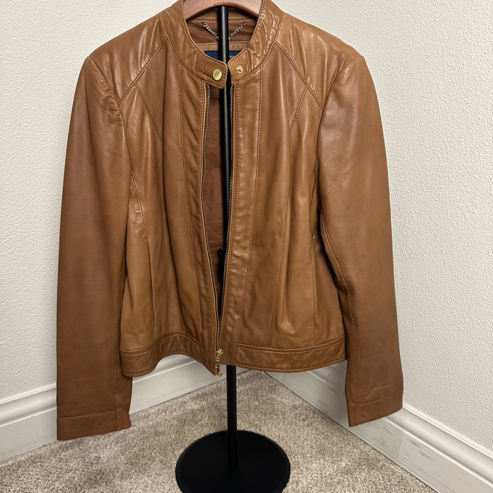 Cole Haan Genuine Leather Band Collar Jacket Cognac Brown Gold Hardware L